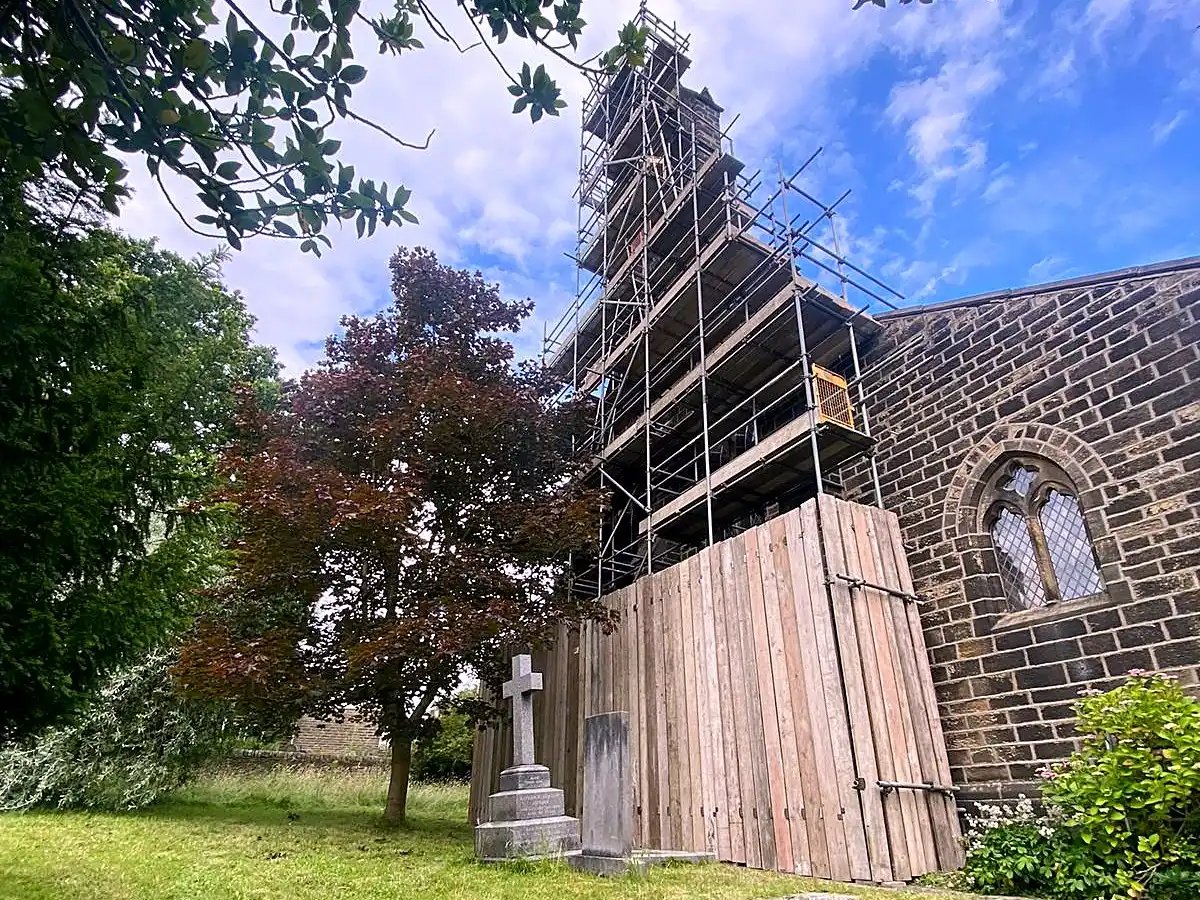 Heritage scaffold around a church tower